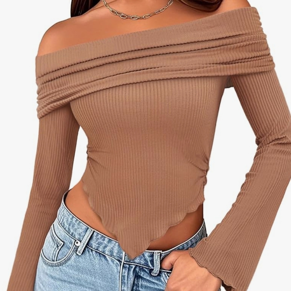Y2k Off Shoulder Taupe Pink Long Sleeve Top Asymetrical Hem Small